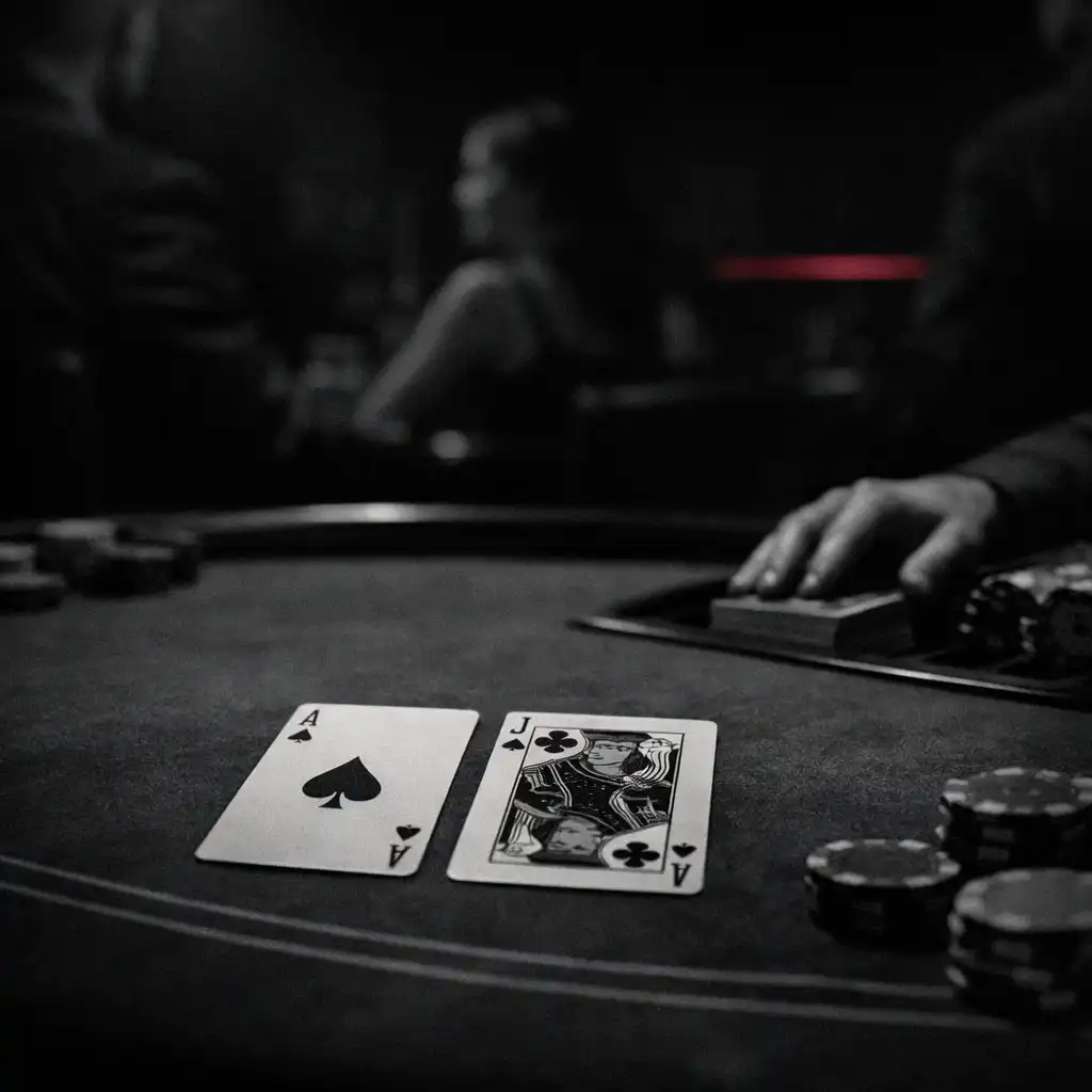 Ciemny fizyczny stół blackjacka z kartami i światłem lounge’u