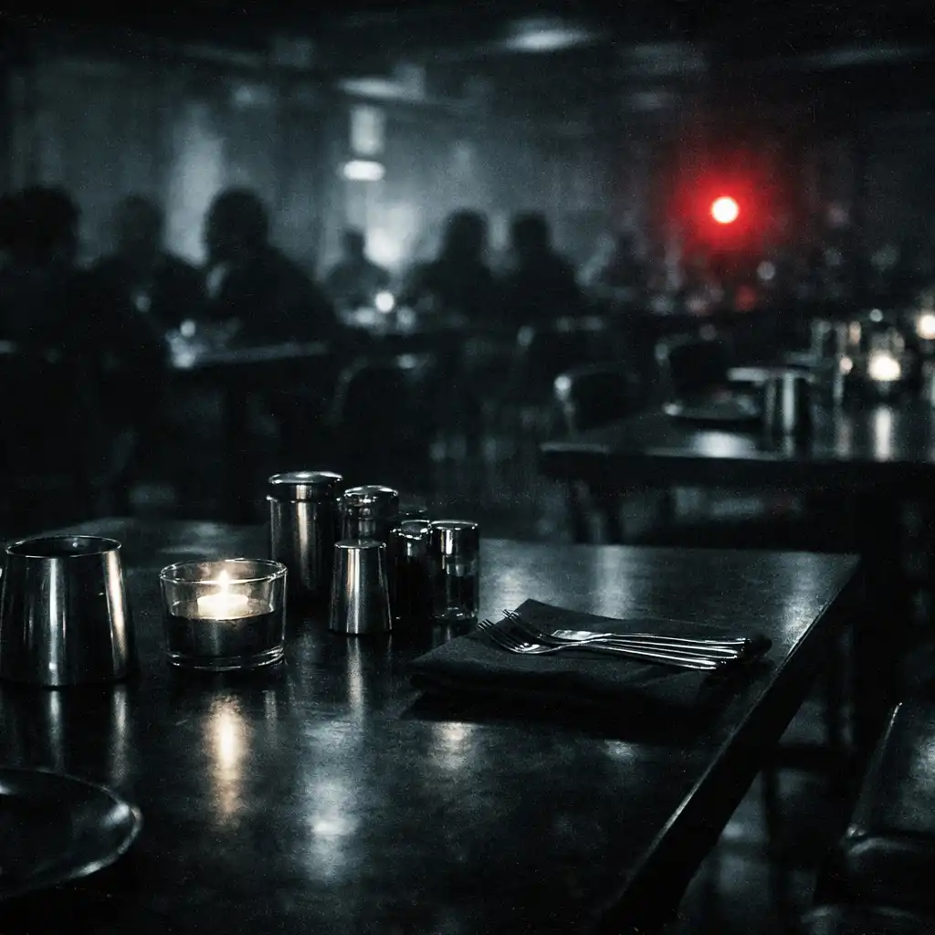 Nakryty ciemny stół w nocnej sali restauracyjnej Zunavesro