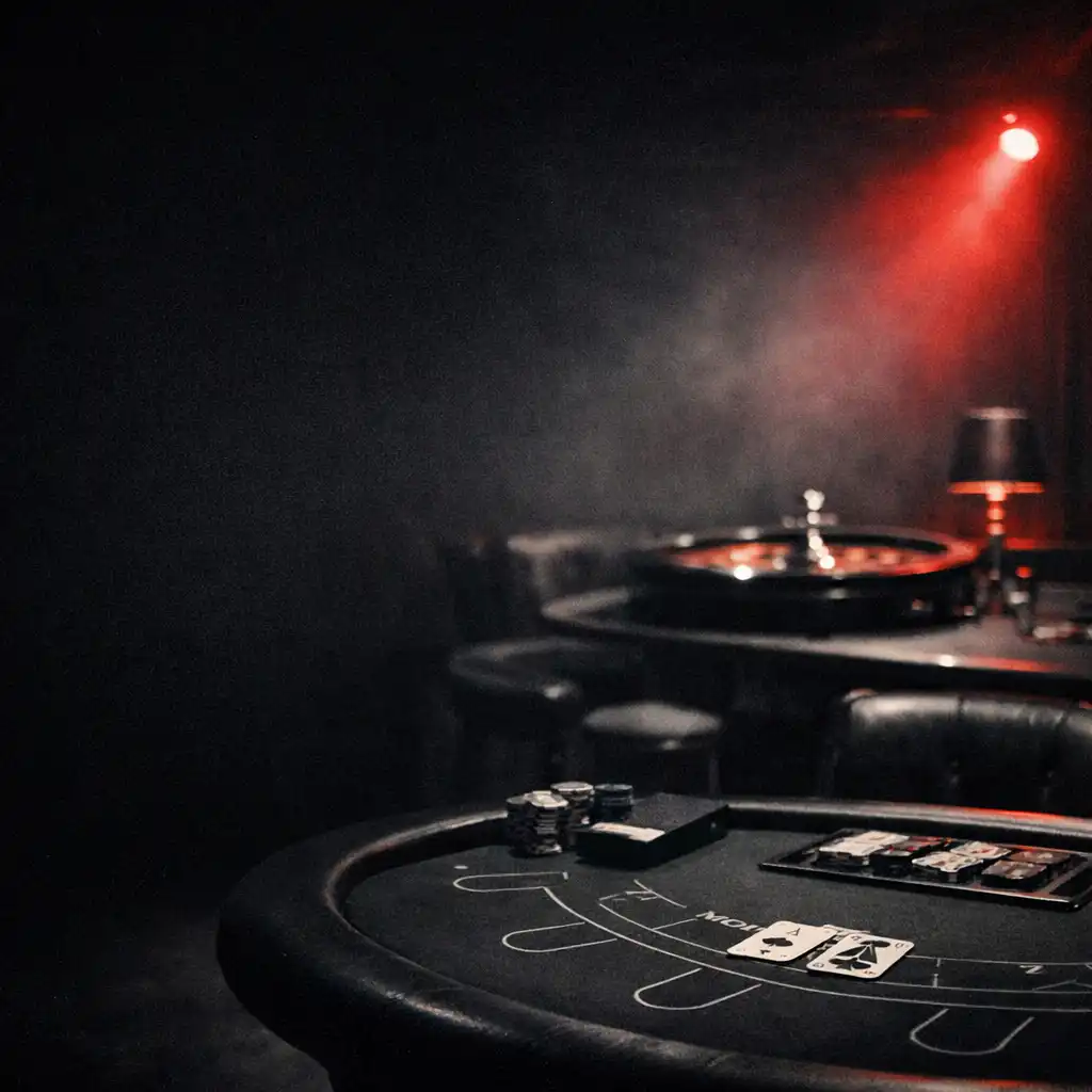 Ciemne wnętrze lounge’u z fizycznym stołem karcianym i czerwonym światłem