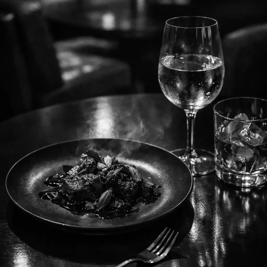 Detal nocnego serwisu restauracyjnego na czarnym stole