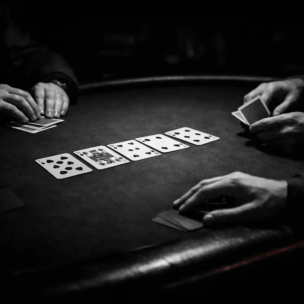 Dłonie dorosłych osób i fizyczne karty na ciemnym stole pokerowym