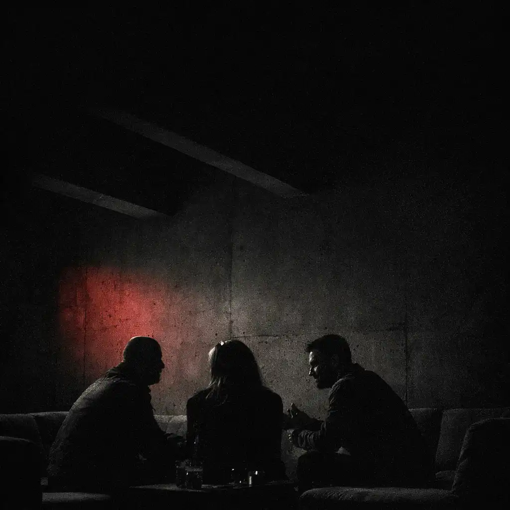 Dwie dorosłe sylwetki rozmawiające w ciemnej, grafitowej strefie lounge.