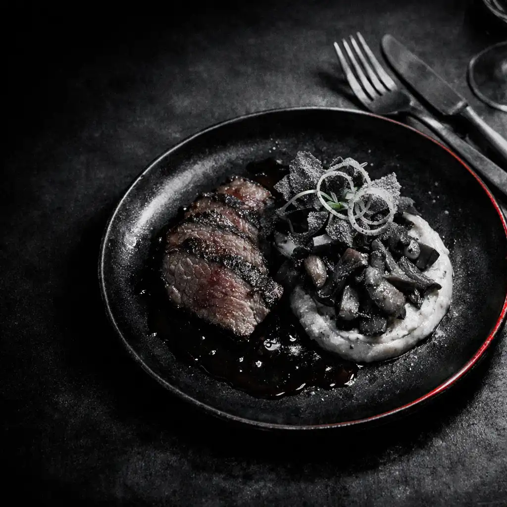 Dopracowane danie restauracyjne na ciemnym stole w chłodnym świetle późnego wieczoru.