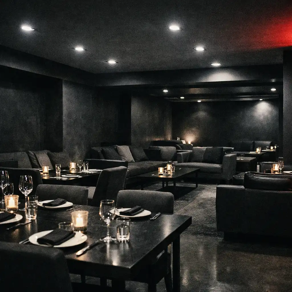 Szerokie wnętrze Zunavesro z restauracyjnymi stołami przechodzącymi w ciemną strefę lounge.