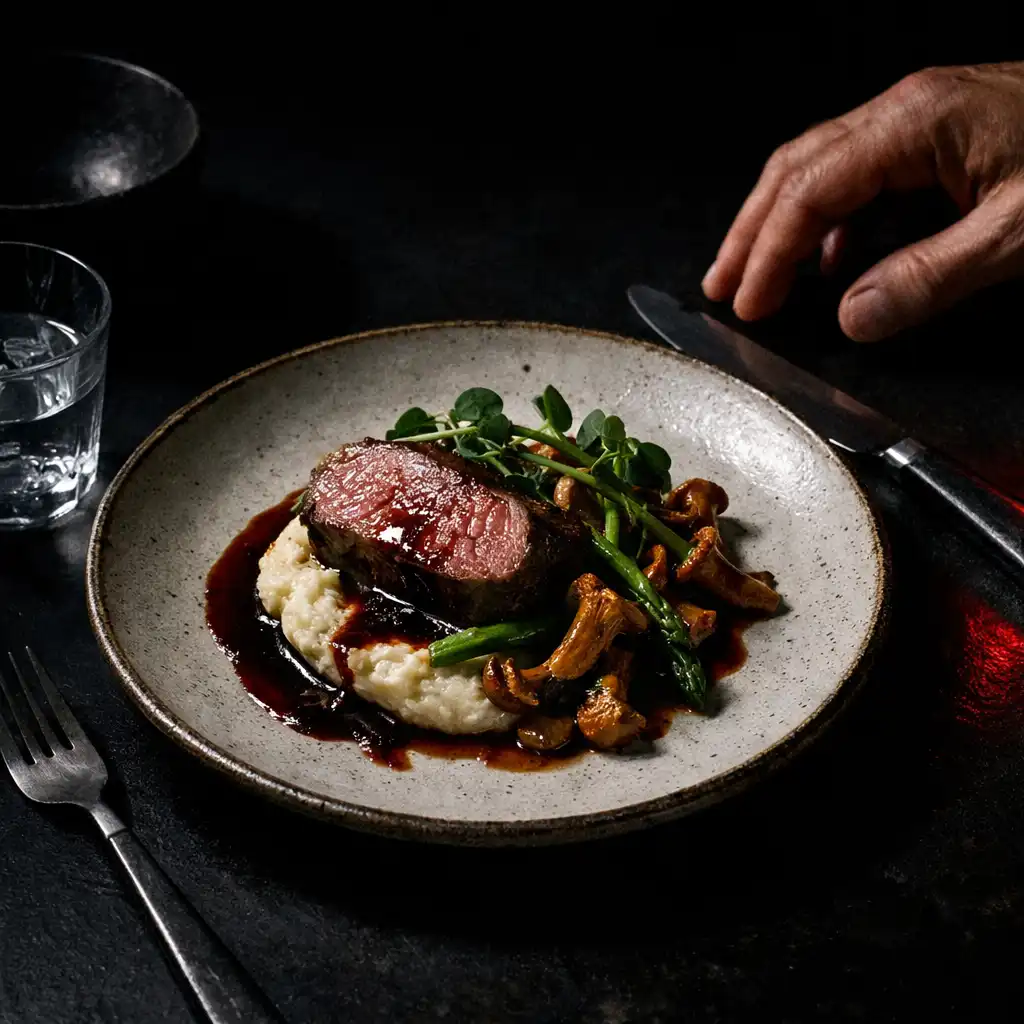 Potrawa na ciemnym stole w restauracyjnej części Zunavesro